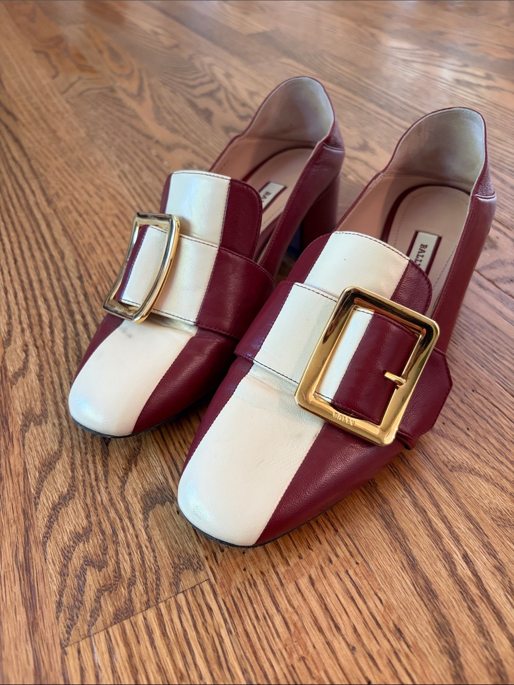 Bally Burgundy and White Leather Buckle Loafers